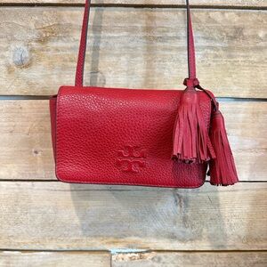 Tory Burch Red Pebbled Leather Crossbody Tassel Bag